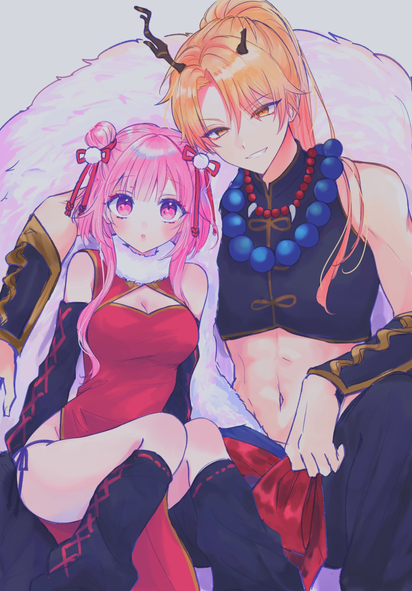 1boy 1girl bead_necklace beads black_shirt black_sleeves black_thighhighs blonde_hair breasts china_dress chinese_clothes crop_top dragon_horns dress hair_ornament hair_ribbon highres horns jewelry long_hair looking_at_viewer medium_breasts midriff navel necklace ootori_emu open_mouth pink_eyes pink_hair pnyo_emc project_sekai ribbon shirt short_hair smile stomach tenma_tsukasa thighhighs wonderlands_x_showtime_(project_sekai)