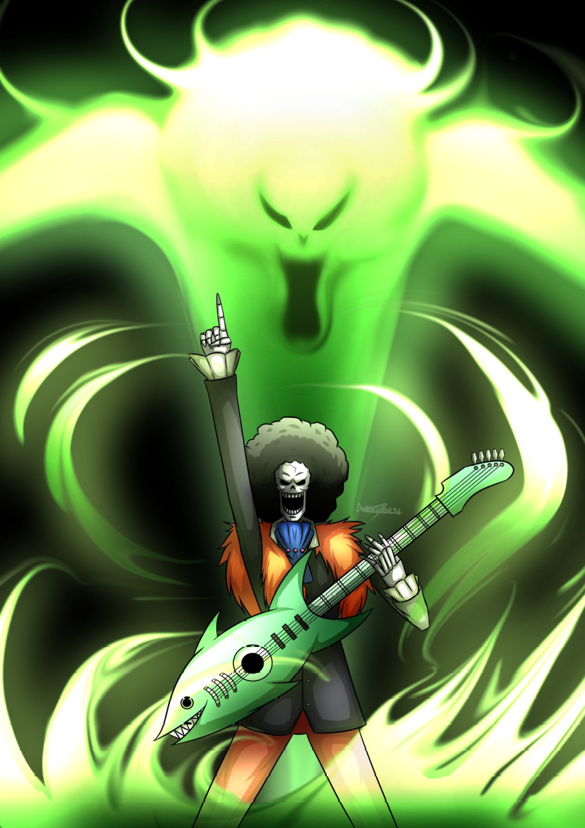 1boy afro arm_up artist_name ascot black_hair blue_ascot brook_(one_piece) commentary_request darkvictor56 electric_guitar ghost guitar highres holding holding_guitar holding_instrument index_finger_raised instrument looking_at_viewer male_focus one_piece open_mouth skeleton solo spanish_commentary standing