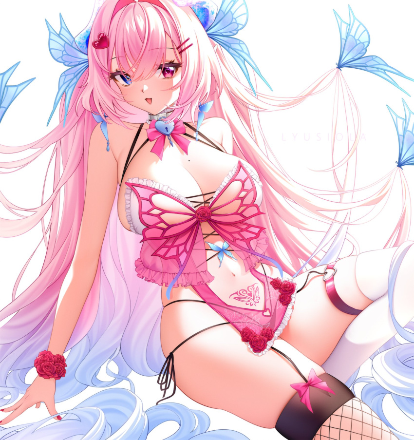 1girl artist_name asymmetrical_legwear blue_eyes blue_horns bow bowtie breasts butterfly_hair_ornament canaria_(vtuber) collar fishnet_thighhighs fishnets gradient_hair gradient_horns hair_ornament heart heart-shaped_lock heart-shaped_pupils heart_hair_ornament heart_o-ring highres horns indie_virtual_youtuber lyusiola metal_collar mismatched_legwear mole mole_on_breast multicolored_hair multicolored_horns navel open_mouth panties pelvic_curtain pink_bow pink_bowtie pink_eyes pink_hair pink_horns pink_nails pointy_ears side-tie_panties single_fishnet_legwear skindentation solo stomach_tattoo symbol-shaped_pupils tattoo thigh_strap thighhighs underwear white_thighhighs