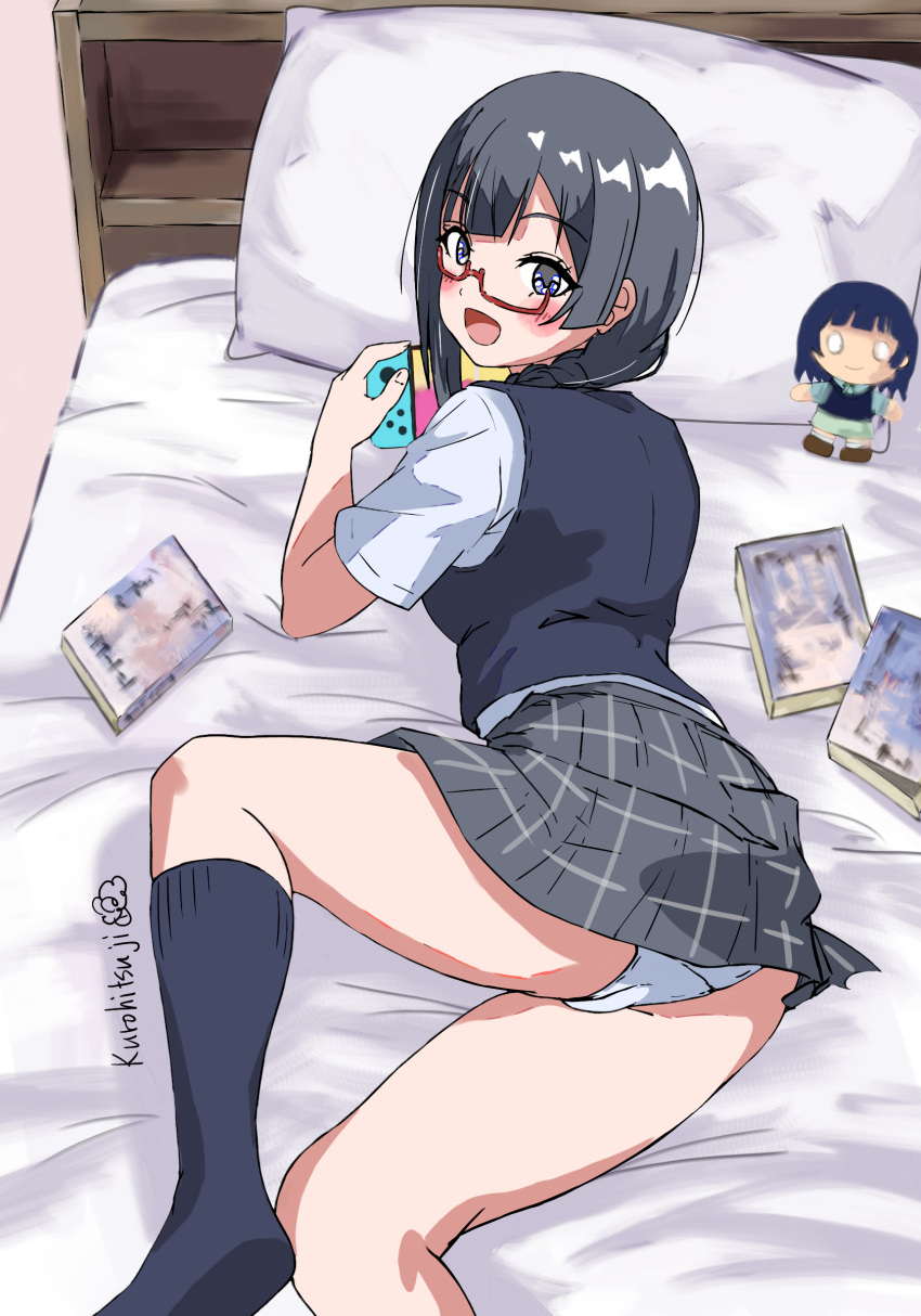 1girl absurdres akiyama_(yehonatan) asaka_karin black_hair blush braid grey_eyes grey_skirt half-skirt handheld_game_console highres holding holding_handheld_game_console long_hair looking_at_viewer love_live! love_live!_nijigasaki_high_school_idol_club magazine_(object) nintendo_switch panties pantyshot playing_games pleated_skirt red-framed_eyewear skirt smile solo underwear white_panties yuki_setsuna_(love_live!)