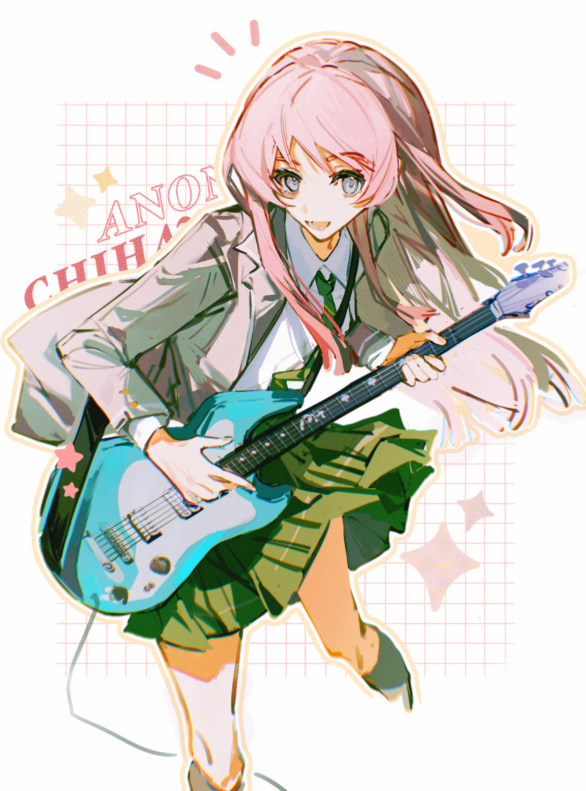 1girl bang_dream! bang_dream!_it's_mygo!!!!! blue_skirt character_name chihaya_anon collared_shirt commentary diagonal-striped_clothes diagonal-striped_necktie dress_shirt floating_hair green_necktie grey_eyes grey_jacket guitar haneoka_school_uniform highres hikawayunn holding holding_guitar holding_instrument instrument jacket kneehighs long_hair long_sleeves lower_teeth_only music necktie open_clothes open_jacket open_mouth outline pink_hair plaid plaid_skirt playing_instrument pleated_skirt school_uniform shirt skirt socks solo striped_clothes teeth white_outline white_shirt