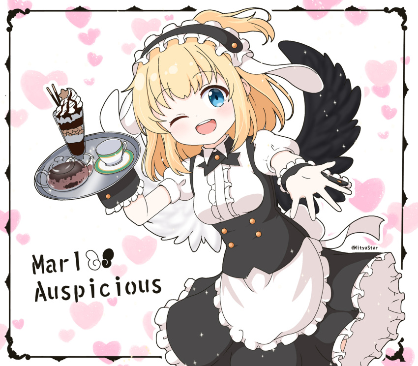 1girl ;d animal_ears apron black_hairband black_skirt black_wings blonde_hair blue_eyes breasts center_frills commentary_request cosplay cup fake_animal_ears feathered_wings fleur_de_lapin_uniform floppy_ears frilled_apron frilled_hairband frilled_skirt frills gochuumon_wa_usagi_desu_ka? hairband heart heart_background holding holding_tray kirima_syaro kirima_syaro_(cosplay) looking_at_viewer marl_(shironeko_project) mismatched_wings mitya one_eye_closed parfait ponytail puffy_short_sleeves puffy_sleeves rabbit_ears saucer shironeko_project shirt short_sleeves skirt small_breasts smile solo transparent tray twitter_username uniform waitress white_apron white_background white_shirt white_wings wings wrist_cuffs