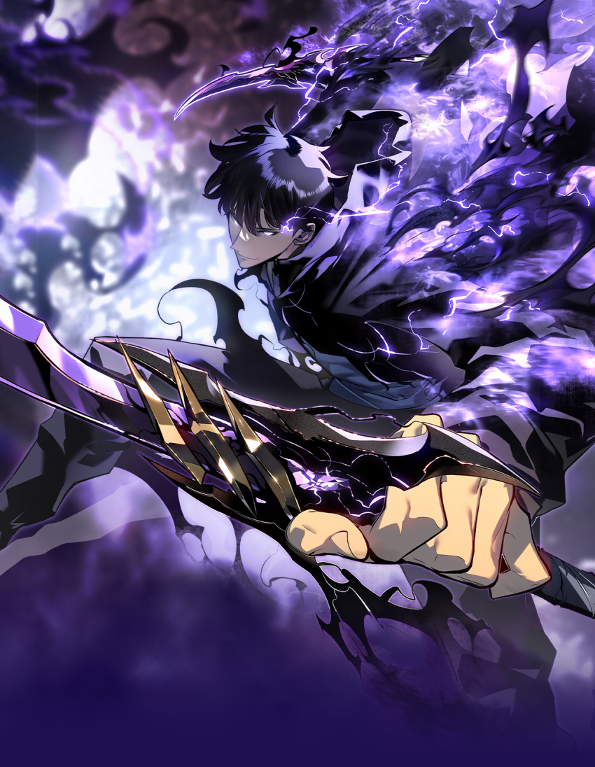 1boy black_hair black_jacket black_pants blue_shirt blurry blurry_background dagger electricity highres holding holding_weapon jacket jang_sung-rak knife looking_at_viewer male_focus official_art pants purple_eyes shirt short_hair solo solo_leveling sung_jin-woo tagme weapon