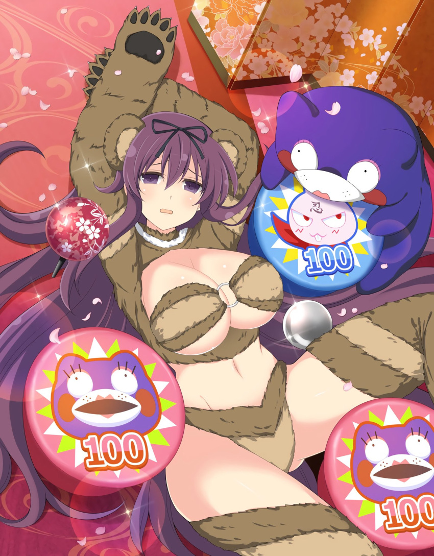 1girl animal_ears animal_hands ass_visible_through_thighs bear_ears bear_girl bear_paws bebe-tan bikini black_ribbon blush breasts brown_bikini cleavage commentary doll embarrassed english_commentary falling_petals floral_print fur_bikini fur_thighhighs groin hair_between_eyes hair_ribbon highres large_breasts long_hair looking_at_viewer lying murasaki_(senran_kagura) navel ninto_(senran_kagura) o-ring o-ring_bikini o-ring_top official_alternate_costume official_art on_back on_floor open_mouth petals pinball purple_eyes purple_hair rabbit red_scarf revealing_clothes ribbon scarf senran_kagura senran_kagura_new_link senran_kagura_peach_ball senran_kagura_shinovi_versus shiny_skin solo sparkle stuffed_animal stuffed_toy swimsuit teddy_bear third-party_source underboob very_long_hair yaegashi_nan