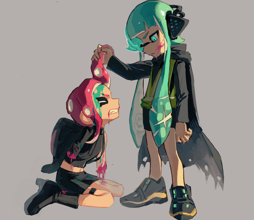 2girls agent_3_(splatoon) agent_8_(splatoon) aqua_eyes aqua_hair black_cape black_footwear black_jacket black_shorts black_skirt boots cape clenched_teeth closed_eyes closed_mouth commentary_request full_body grabbing_another's_hair grey_background headphones highres inkling inkling_girl inkling_player_character jacket jitian114514 long_hair medium_hair midriff multiple_girls octoling octoling_girl octoling_player_character parasite pencil_skirt red_hair shorts simple_background single_sleeve skirt sleeves_past_wrists splatoon_(series) splatoon_2 splatoon_2:_octo_expansion standing teeth tentacle_hair