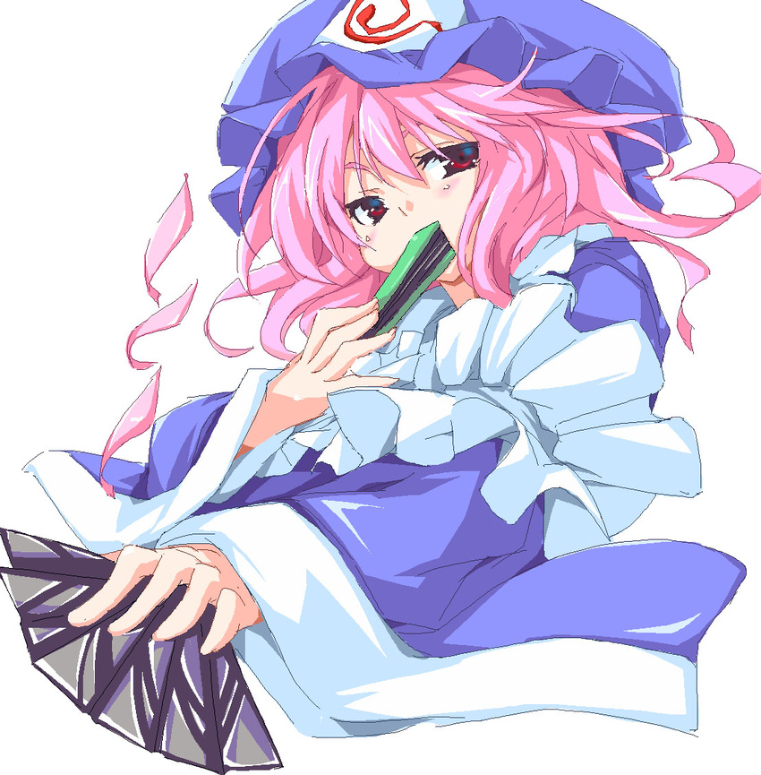 arm_garter closed_fan dual_wielding fan folding_fan frills hat holding imuraya_ayuka looking_at_viewer mob_cap pink_eyes pink_hair saigyouji_yuyuko solo touhou triangular_headpiece