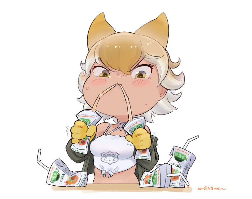 absurdres animal_ears bare_shoulders beleven black_jacket blonde_hair blush choker coyote_(kemono_friends) crop_top drinking drinking_straw extra_ears gloves hair_between_eyes highres jacket juice_box kemono_friends kemono_friends_v_project long_sleeves midriff multicolored_hair open_clothes open_jacket shirt short_hair sidelocks spaghetti_strap sweatdrop virtual_youtuber white_choker white_hair white_shirt wolf_ears wolf_girl yellow_eyes yellow_gloves