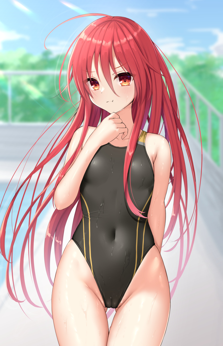 1girl absurdres ahoge black_one-piece_swimsuit blue_sky breasts cameltoe cloud commission competition_swimsuit covered_navel cowboy_shot day hair_between_eyes highleg highleg_swimsuit highres long_hair ncontrail_(mgax7527) one-piece_swimsuit outdoors pool poolside railing red_eyes red_hair shakugan_no_shana shana skeb_commission sky small_breasts solo swimsuit thigh_gap