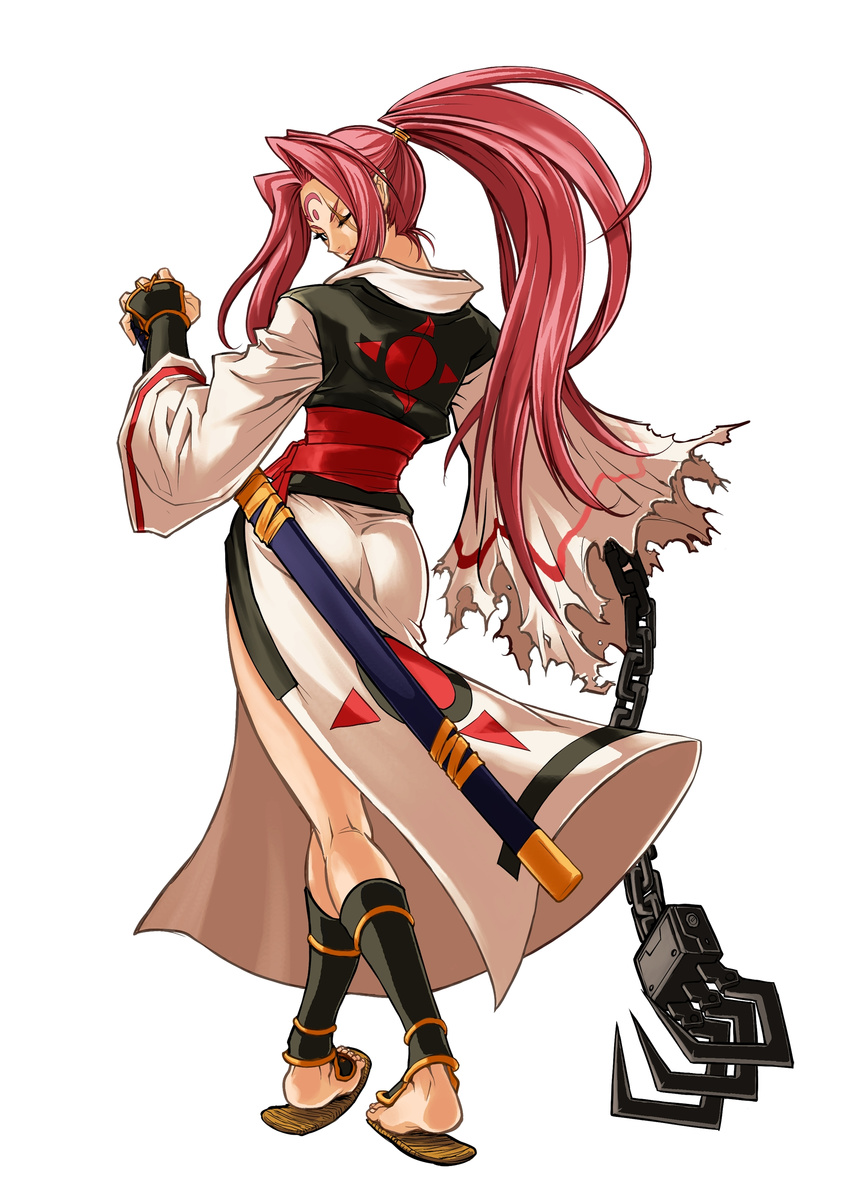 absurdres armor baiken chain from_behind guilty_gear highres japanese_armor japanese_clothes kataginu kimono kote long_hair looking_back non-web_source official_art one-eyed pink_hair ponytail red_hair sandals scar scar_across_eye simple_background solo suneate white_background