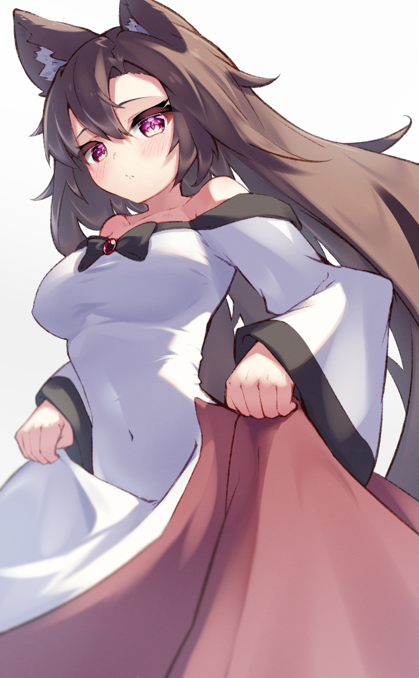 1girl absurdres animal_ears blush breasts brooch brown_hair covered_navel dress highres imaizumi_kagerou jewelry large_breasts long_hair long_sleeves looking_at_viewer navel off-shoulder_dress off_shoulder red_eyes saniraku simple_background skin_tight skirt solo touhou wide_sleeves wolf_ears wolf_girl