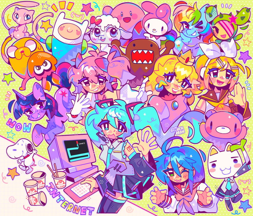 &gt;_&lt; +++ ._. 6+boys 6+girls :3 adventure_time ahoge animal_ears aqua_eyes aqua_hair aqua_necktie aqua_trim arm_tattoo arm_up arms_up bear black_skirt black_sleeves blonde_hair blue_eyes blue_fur blue_hair blue_shirt blush_stickers bow bright_pupils brown_fur brown_sailor_collar cactus_costume cat chibi choker claw_pose claws collar collared_shirt colored_skin cosplay crossover crown cup_ramen cutie_mark detached_sleeves dog doko_demo_issho domo-kun dress earrings emoticon english_text finn_the_human food gloomy_bear gloves green_background green_eyes grey_shirt hair_bow hair_ornament hair_over_one_eye hairclip hand_up hatsune_miku hatsune_miku_(cosplay) headset highres holding holding_food holding_spring_onion holding_vegetable hood inkling inoue_toro izumi_konata jack0ran jake_the_dog jewelry kagamine_rin kaname_madoka keyboard_(computer) kirby kirby_(series) lamb leg_up littlest_pet_shop long_hair long_sleeves looking_at_viewer lower_teeth_only lucky_star mahou_shoujo_madoka_magica mario_(series) mew_(pokemon) miniskirt monitor multicolored_hair multiple_boys multiple_crossover multiple_girls my_little_pony my_little_pony:_friendship_is_magic my_melody neckerchief necktie nhk_(broadcaster) no_mouth o_o one_eye_closed open_mouth orange_fur peanuts pegasus pink_bow pink_choker pink_dress pink_eyes pink_fur pink_hair pink_hood pink_neckerchief pink_sailor_collar pink_skin pokemon pokemon_(creature) polka_dot polka_dot_background princess_peach puffy_short_sleeves puffy_sleeves purple_eyes purple_fur rabbit_ears rainbow_dash rainbow_hair red_collar red_eyes red_footwear ryouou_school_uniform sailor_collar sandy_(tokidoki) sanrio scary_maze_game school_uniform sharp_teeth sheep shirt short_hair short_sleeves short_twintails sidelocks skirt sleeveless sleeveless_shirt smile snoopy solid_circle_eyes solid_oval_eyes soul_gem sphere_earrings splatoon_(series) spring_onion squid star_(symbol) star_hair_ornament star_in_eye streaked_hair symbol_in_eye tail tattoo teeth thighhighs tokidoki_(company) twilight_sparkle twintails twitter_username unicorn vegetable vocaloid waving white_bow white_fur white_gloves white_shirt white_sleeves yellow_neckerchief yellow_trim zettai_ryouiki