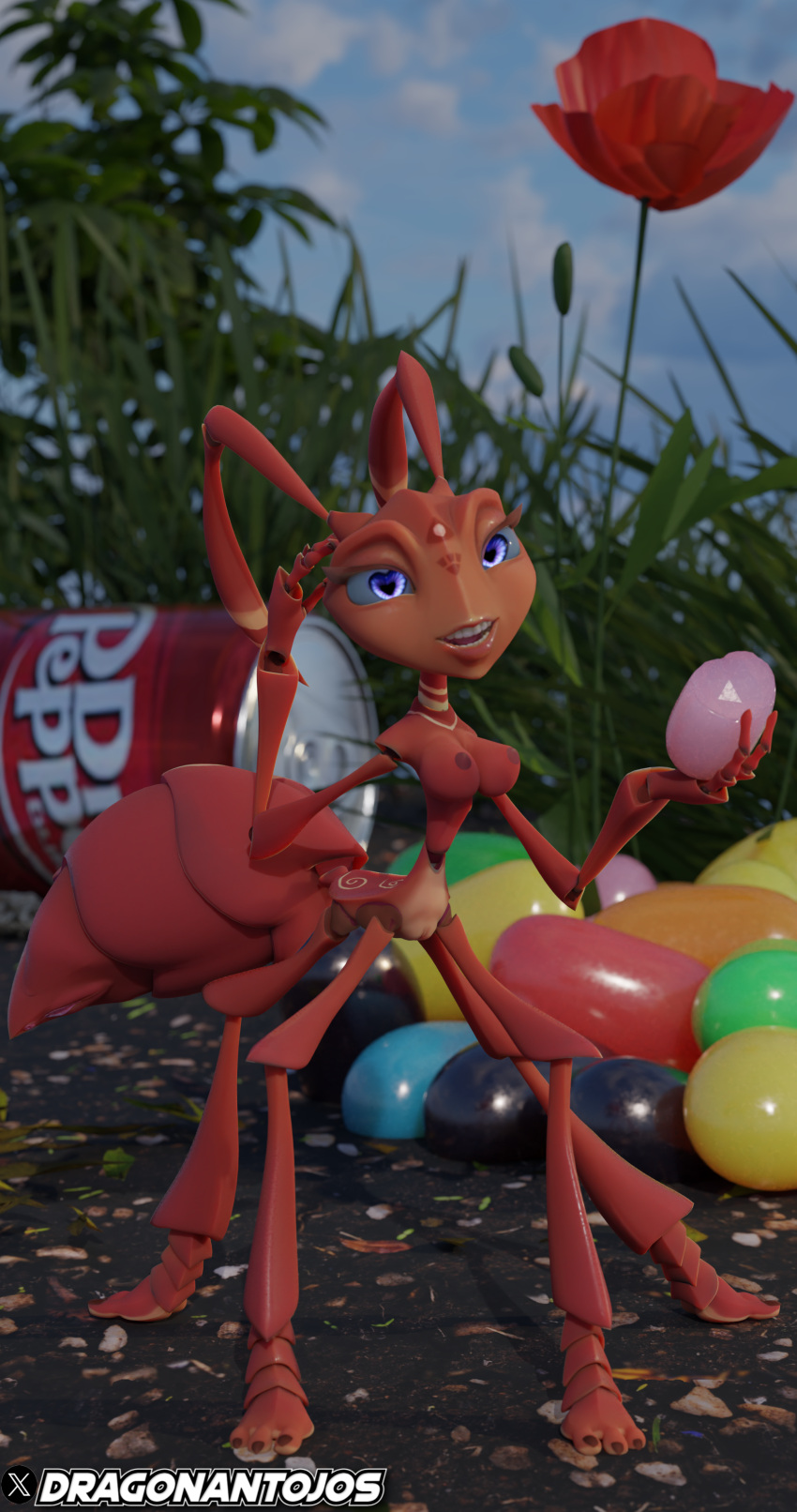 3d_(artwork) 6_arms absurd_res ant anthro arthropod blender_(software) blue_eyes brown_body candy dessert detailed_background digital_media_(artwork) dr_pepper dragonantojos food hi_res hova huge_filesize hymenopteran insect jelly_bean looking_at_viewer male multi_arm multi_limb solo