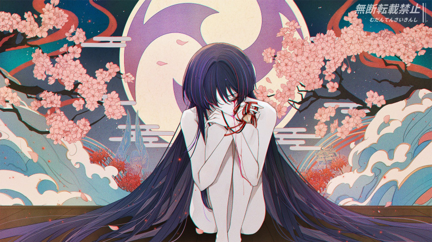 1boy absurdly_long_hair alternate_hair_length alternate_hairstyle artist_name black_ribbon blood blood_from_eyes branch cherry_blossoms choppy_bangs closed_eyes convenient_leg crying egasumi eyelashes falling_petals feet_out_of_frame flower genshin_impact hair_between_eyes highres hugging_own_legs knees_up long_hair male_focus multicolored_hair neyti_(neytirv) nude petals pink_flower purple_hair red_flower red_ribbon red_spider_lily ribbon scaramouche_(genshin_impact) sidelocks sitting solo spider_lily streaked_hair twitter_username very_long_hair water watermark waves