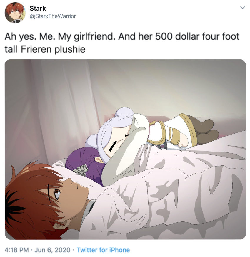 1boy 1girl 500_dollar_four_foot_tall_mareep_(meme) =_= bed commentary english_commentary english_text expressionless fake_screenshot fern_(sousou_no_frieren) frieren fullheartart highres lying meme on_back on_bed photo-referenced pillow profile purple_hair red_hair short_hair stark_(sousou_no_frieren) stuffed_toy twitter under_covers