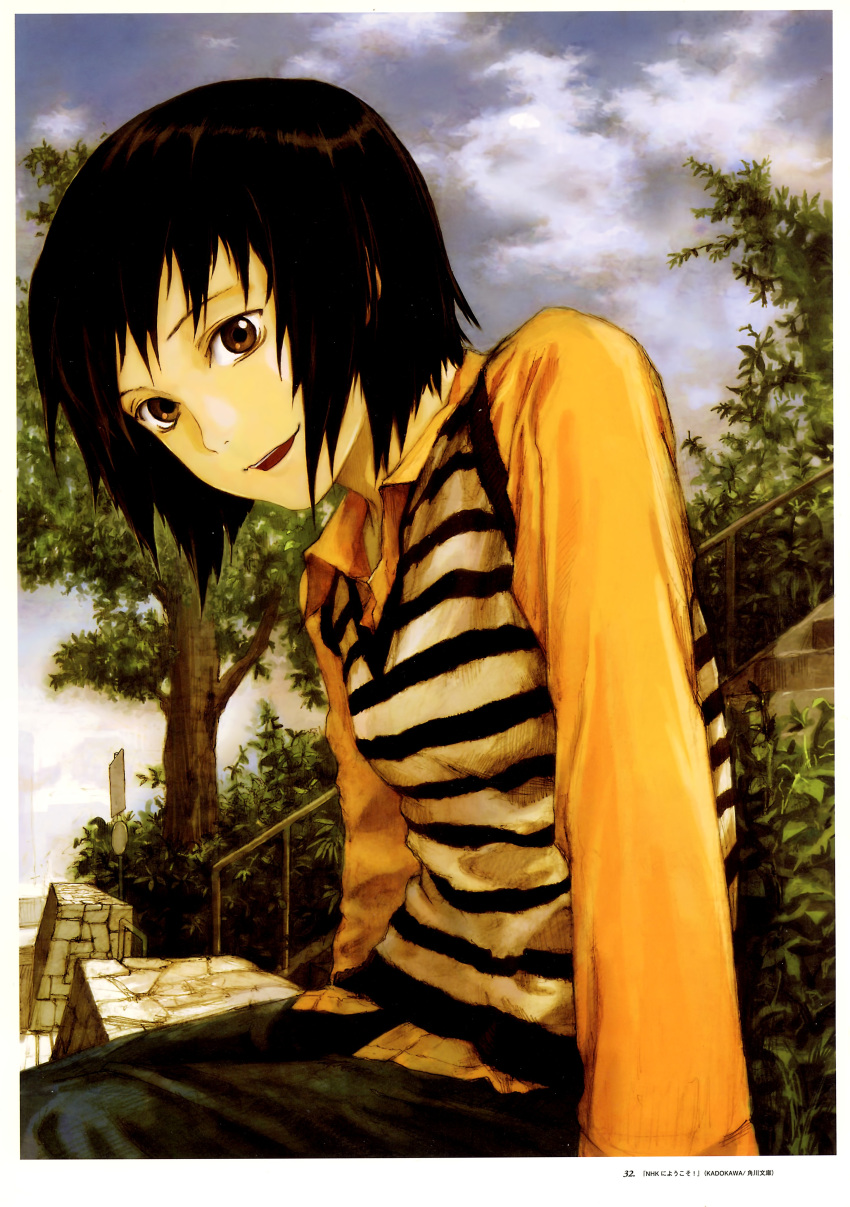 1girl abe_yoshitoshi absurdres bench black_hair border breasts brown_eyes cloud cloudy_sky company_name day fence highres long_sleeves looking_at_viewer nakahara_misaki nhk_ni_youkoso! non-web_source open_mouth outdoors shirt short_hair sitting sky small_breasts smile solo striped_clothes striped_vest tree vest white_border yellow_shirt
