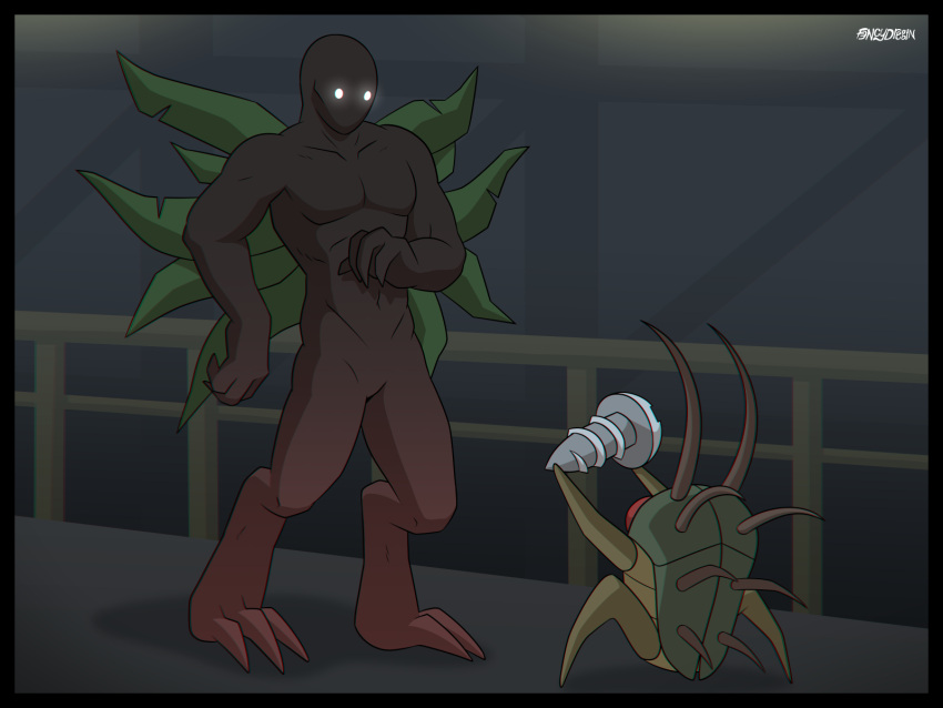 alien alien_humanoid ambiguous_gender arthropod biped bracken_(lethal_company) claws digitigrade duo fencydregin feral glowing glowing_eyes hi_res hoarding_bug_(lethal_company) holding_object humanoid insect inside leaf leaves_on_body monster muscular not_furry plant red_eyes standing surprise surprised_expression white_eyes