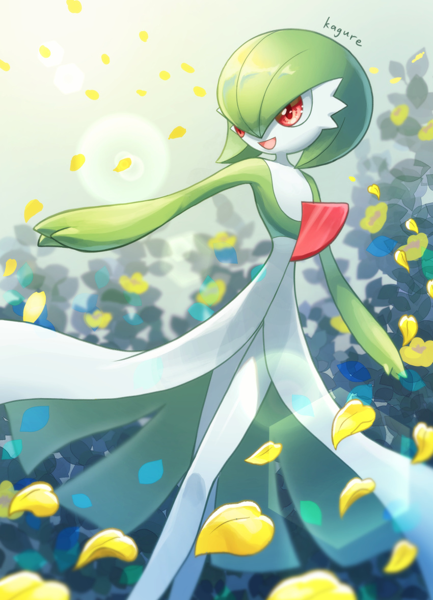 :d absurdres colored_skin commentary_request falling_leaves gardevoir gardevoir_day green_hair highres kagure_(karaguren) leaf open_mouth pokemon pokemon_(creature) red_eyes smile standing white_skin