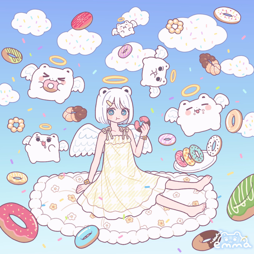 &gt;_&lt; 1girl :3 :t angel_wings animal_ears arm_support artist_name barefoot bear bear_ears blue_background blue_eyes bright_pupils collarbone doughnut dress eating emma_(kumaema) food food_on_face grey_hair hair_ornament hairclip halo highres holding holding_food looking_at_viewer original short_hair sitting sleeveless sleeveless_dress solo sprinkles wings yellow_dress