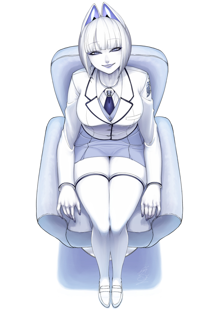 1girl absurdres animal_ears arm_rest armchair blunt_bangs bob_cut breasts byackopath byackopath_(artist) chair collared_shirt colored_skin from_above full_body grey_eyes grey_skirt grey_vest grin half-closed_eyes highres jacket large_breasts loafers long_sleeves looking_at_viewer looking_up miniskirt necktie original purple_necktie shirt shoes short_hair simple_background sitting skirt smile solo suit suit_jacket vest white_background white_footwear white_hair white_shirt white_skin white_suit