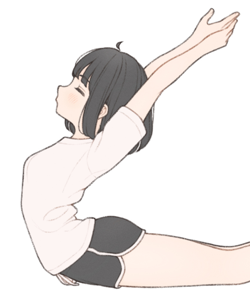 1girl 1ssakawaguchi absurdres arched_back arms_up black_hair black_shorts blush bob_cut closed_eyes dolphin_shorts flexible from_side highres ichika_(1ssakawaguchi) original shirt short_hair short_shorts short_sleeves shorts simple_background solo thighs white_background white_shirt