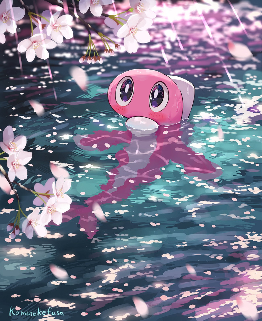 animal_focus artist_name cherry_blossoms colored_skin commentary_request fish forked_tail highres kaminokefusa no_humans partially_submerged pink_skin pokemon pokemon_(creature) sunlight tail tatsugiri tatsugiri_(droopy) twitter_username water