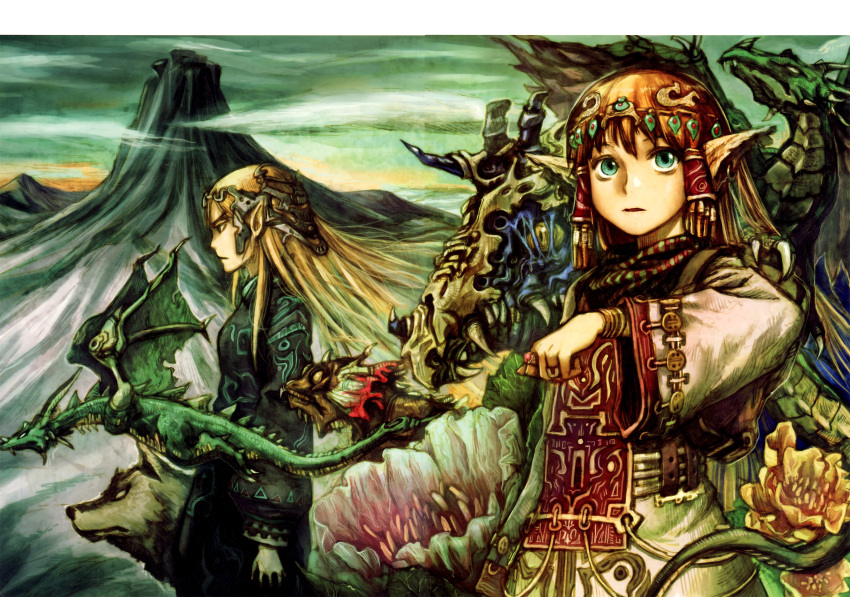 2girls abe_yoshitoshi absurdres blonde_hair blue_eyes brown_hair closed_mouth cloud dragon dress elf fantasy flower green_eyes green_sky hair_tubes headpiece highres jewelry long_hair looking_at_viewer mountain multiple_girls non-web_source original pointy_ears profile sky standing wolf yellow_flower