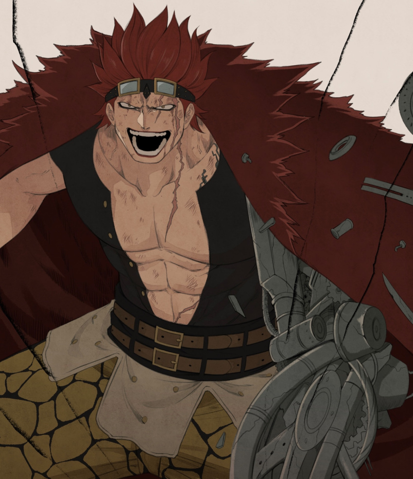 1boy abs bake_ryori coat collarbone commentary_request eustass_kid fur_coat goggles goggles_on_head highres male_focus mechanical_arms one_piece open_mouth red_hair scar scar_across_eye scar_on_face short_hair single_mechanical_arm smile solo spiked_hair teeth