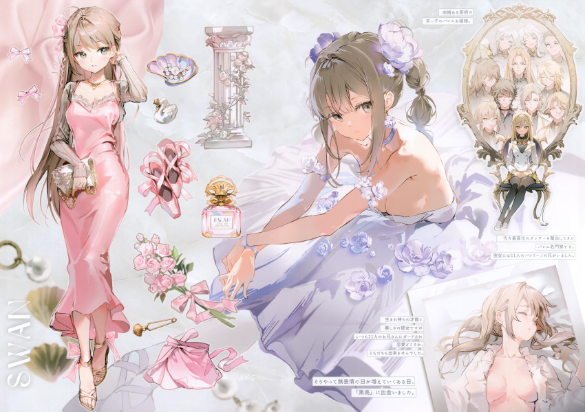 1girl 6+boys absurdres anmi bag bare_arms bare_shoulders bird bottle bow bracelet breasts brown_eyes character_name choker cleavage closed_eyes closed_mouth collarbone comiket_103 dress earrings flower footwear_bow full_body gem hair_flower hair_ornament hand_up handbag high_heels highres holding jewelry large_breasts light_brown_hair long_dress long_hair long_sleeves looking_at_viewer lying makeup_brush medium_breasts mirror multiple_boys multiple_views necklace no_bra non-web_source on_back open_clothes open_shirt original pearl_(gemstone) perfume_bottle photo_(object) pillar pink_bow pink_dress pink_flower pink_rose polaroid purple_dress purple_flower rose sandals scan shirt shoes sideboob sitting sleeves_past_wrists smile strapless strapless_dress swan toeless_footwear translation_request upper_body white_dress