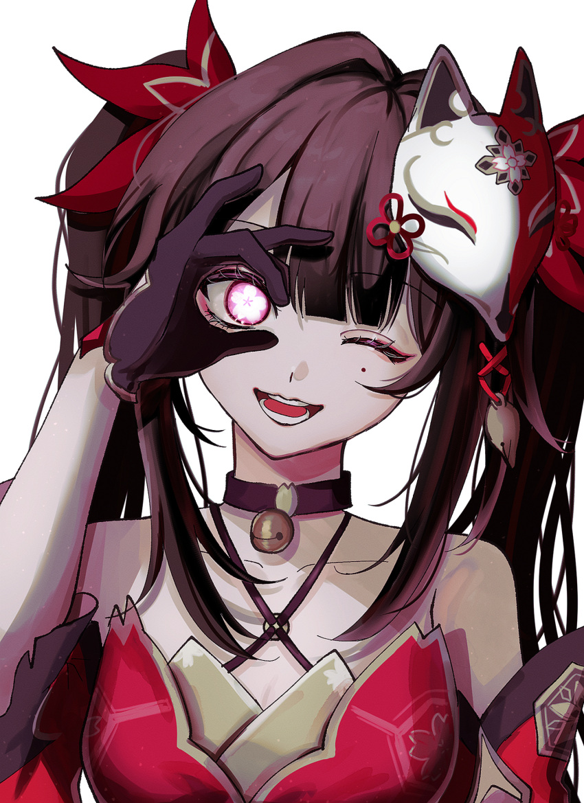 1girl :d arm_at_side bare_shoulders bell black_choker black_gloves bow brown_hair choker collarbone commentary_request dress eyeliner flower-shaped_pupils fox_mask gloves glowing glowing_eye hair_between_eyes hair_bow highres honkai:_star_rail honkai_(series) looking_at_viewer makeup mask mask_on_head neck_bell ok_sign ok_sign_over_eye one_eye_closed open_mouth pink_eyes red_bow red_dress red_eyeliner shimotsuki_niko sidelocks simple_background sleeveless sleeveless_dress smile solo sparkle_(honkai:_star_rail) symbol-shaped_pupils teeth twintails white_background