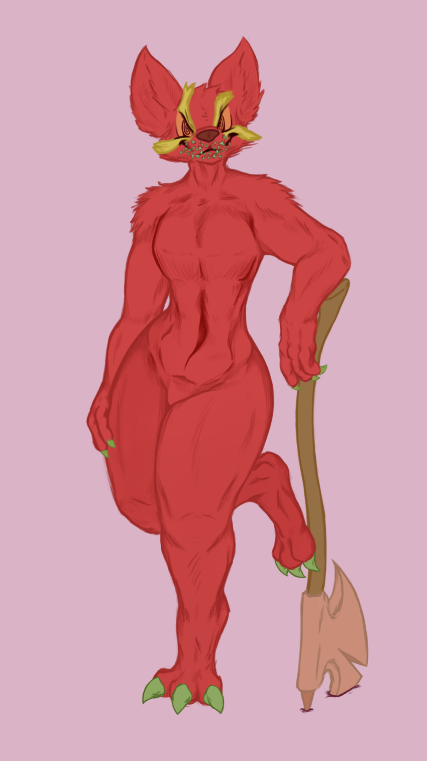 abs anthro athletic axe axentooth big_ears canid canine claws curvy_figure digitigrade facial_markings featureless_crotch female finger_claws fox fur hand_on_leg hand_on_thigh head_markings hi_res hourglass_figure leaning_on_object mammal markings muscular navel orange_eyes red_body red_fox red_fur sabrina_(axentooth) small_waist solo tailless teeth thick_thighs toe_claws true_fox weapon yellow_markings
