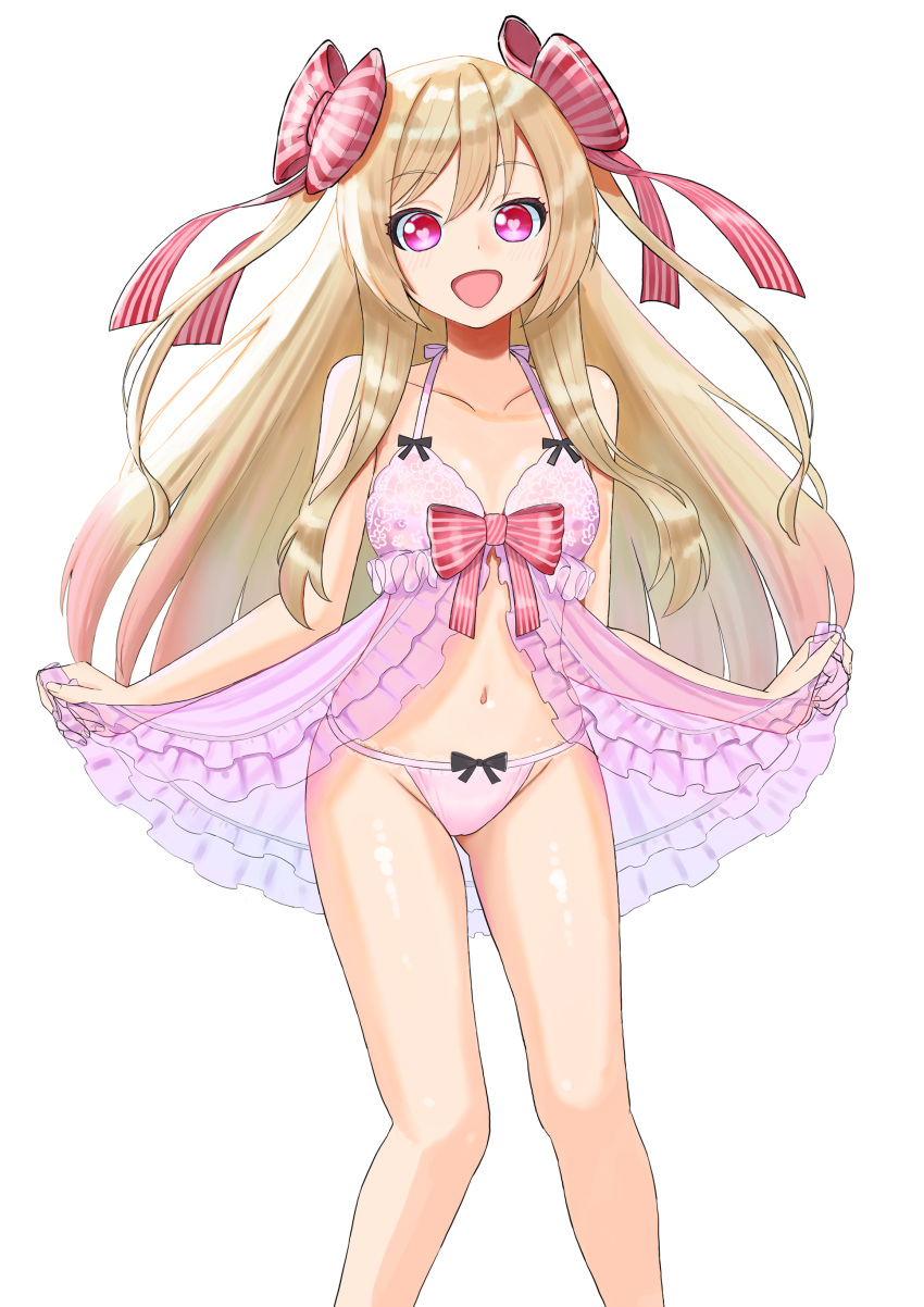 7iruca absurdres blonde_hair chaos_marie_(grimms_notes) collarbone grimms_notes hair_ribbon heart heart-shaped_pupils highres lingerie long_hair looking_at_viewer navel nipples open_mouth panties pink_eyes pink_panties ribbon see-through simple_background smile symbol-shaped_pupils underwear white_background