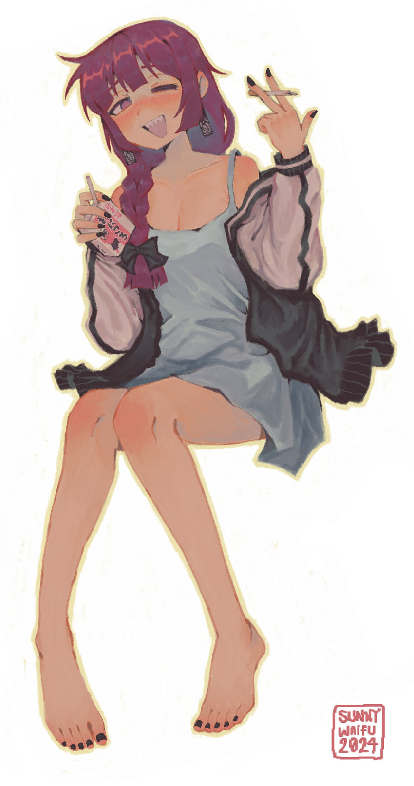 1girl 2024 ;d absurdres alcohol_carton artist_name bare_legs bare_shoulders barefoot black_jacket black_nails blush bocchi_the_rock! braid breasts cigarette cleavage collarbone commentary dress drinking_straw earrings feet full_body hair_over_shoulder highres hiroi_kikuri holding holding_cigarette jacket jewelry legs long_hair long_sleeves nail_polish one_eye_closed open_clothes open_jacket open_mouth purple_eyes purple_hair sharp_teeth simple_background single_braid sitting small_breasts smile solo sunny_waifu teeth toenails toes upper_teeth_only white_background