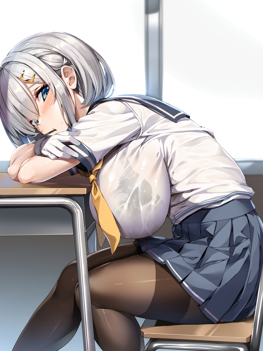 1girl absurdres blue_eyes blush breasts desk food gloves grey_hair hair_ornament hair_over_one_eye hairclip hamakaze_(kancolle) highres kantai_collection large_breasts looking_at_viewer mouth_hold neckerchief pantyhose pleated_skirt pocky school_desk school_uniform see-through see-through_shirt serafuku short_hair short_sleeves sitting skirt solo torisan wet wet_clothes white_gloves