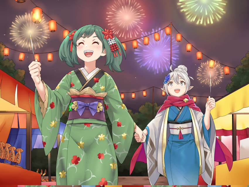 2girls :d ^_^ blue_flower bow cape closed_eyes commentary english_commentary eyelashes fire_emblem fire_emblem_fates fire_emblem_heroes fireworks flower green_hair grey_hair hair_bun hair_flower hair_ornament highres holding_hands igni_tion japanese_clothes kana_(female)_(fire_emblem) kana_(female)_(rising_sunlight)_(fire_emblem) kana_(fire_emblem) kimono medium_hair midori_(fire_emblem) multiple_girls new_year night night_sky official_alternate_costume outdoors pointy_ears purple_bow red_cape red_flower sky smile standing teeth twintails upper_teeth_only