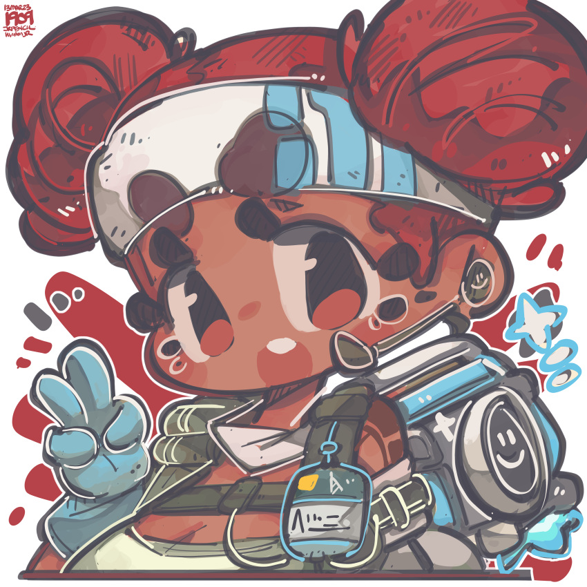 1girl absurdres animification apex_legends artist_name backpack bag blue_gloves breasts brown_eyes cleavage dark-skinned_female dark_skin earpiece fewer_digits gloves grey_tank_top headband highres jrpencil lifeline_(apex_legends) looking_at_viewer mask mask_around_neck medium_breasts open_mouth red_hair solo tank_top thick_eyebrows v white_headband