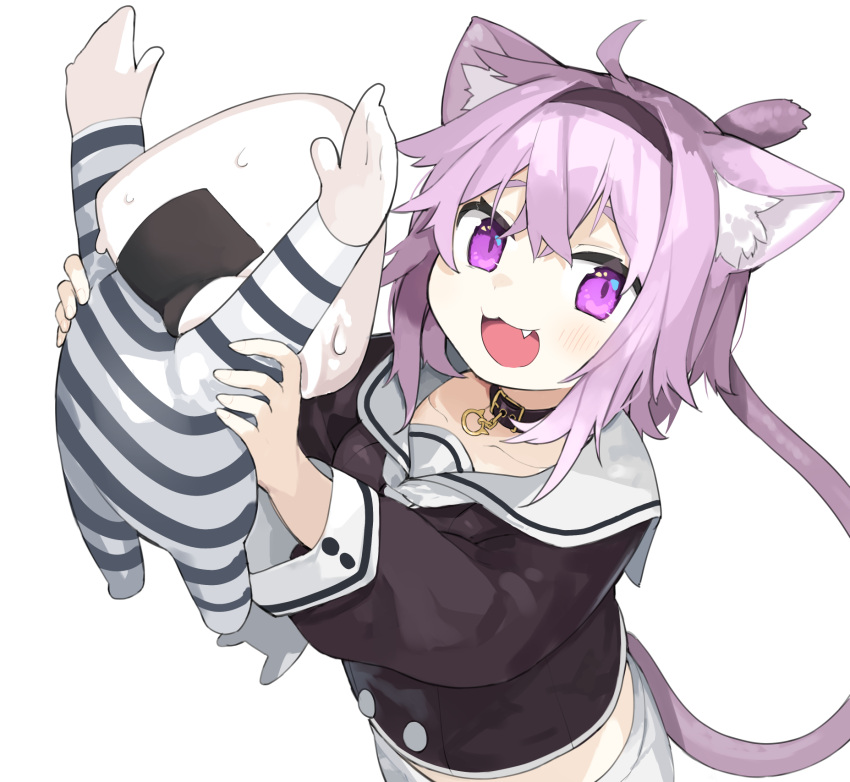 1girl :d ahoge akimaki_yuu animal_collar animal_ear_fluff animal_ears arms_up black_collar black_hairband black_shirt cat_ears cat_girl cat_tail collar crossed_bangs fang from_above hairband highres hololive lifting_person long_sleeves looking_at_viewer midriff_peek nekomata_okayu nekomata_okayu_(3rd_costume) onigirya_(nekomata_okayu) open_mouth prison_clothes purple_eyes purple_hair sailor_collar shirt shorts simple_background skirt smile striped_clothes sweat tail upper_body white_background white_sailor_collar white_shorts