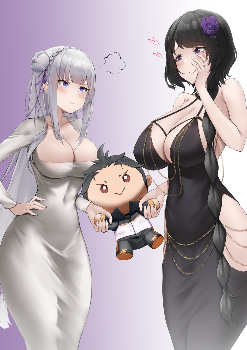 1boy 2girls absurdres annoyed backless_dress backless_outfit black_dress black_hair blush braid breasts chain cleavage cocktail_dress collarbone commission commissioner_upload covered_navel crown_braid dongtan_dress dress elf elsa_granhilte emilia_(re:zero) flower gold_chain gradient_background grey_dress grey_hair hair_flower hair_ornament hair_ribbon hand_on_own_hip heart highres hip_vent holding holding_stuffed_toy irkawaza jacket knee_up large_breasts long_hair long_sleeves mature_female meme_attire mole mole_under_eye multiple_girls natsuki_subaru non-web_source open_mouth pointy_ears pout pulling purple_eyes purple_ribbon re:zero_kara_hajimeru_isekai_seikatsu ribbon rose scoop_neck short_hair smile staring stuffed_toy taut_clothes taut_dress tight_clothes track_jacket track_suit white_flower white_hair white_rose