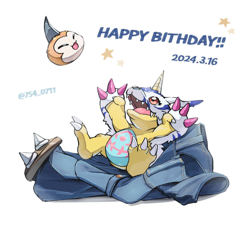 closed_eyes coat colored_skin dated digimon evolutionary_line fur_coat gabumon gift_art happy_birthday highres horns lying midair nagoshi on_back open_mouth red_eyes reptile sharp_teeth simple_background single_horn teeth tongue tunomon twitter_username weregarurumon white_background yellow_skin