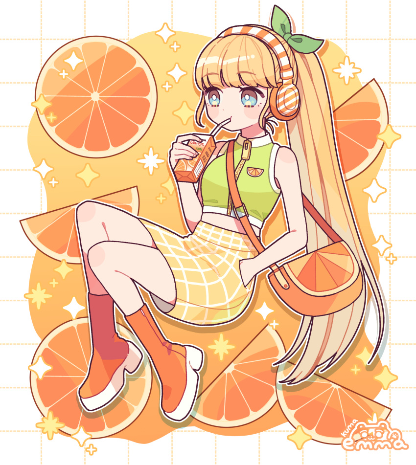 1girl artist_name bare_shoulders blue_eyes blush_stickers boots bow drinking_straw drinking_straw_in_mouth emma_(kumaema) food fruit green_bow green_shirt hair_bow hand_in_pocket hand_up headphones highres juice juice_box long_hair midriff orange_(fruit) orange_footwear orange_hair orange_juice orange_skirt orange_slice orange_theme original outline ponytail shirt skirt sleeveless sleeveless_shirt solo very_long_hair white_outline