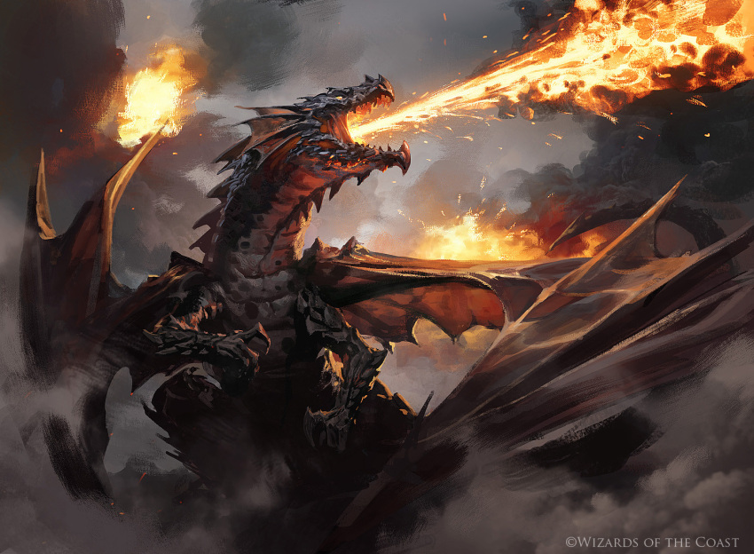 animal_focus breath_weapon breathing_fire claws cloud commentary company_name dragon drakuseth_maw_of_flames english_commentary fantasy fins fire from_side greg_rutkowski grey_sky head_fins magic:_the_gathering monster no_humans official_art open_mouth outdoors painterly sky smoke solo spikes western_dragon wings yellow_eyes