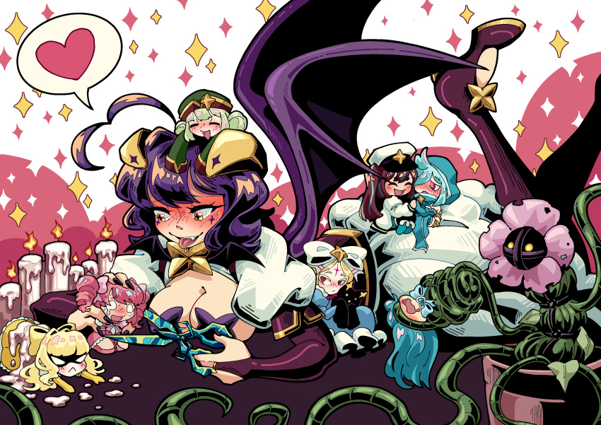 6+girls absurdres ahoge akoya_matama anemo_nemo araga_kiwi bat_wings black_hair blank_eyes bound bow breasts candle closed_eyes english_commentary fang flower flower_pot forward_facing_horns hair_bow hair_over_one_eye hanabishi_haruka hat heart heart_ahoge highres hiiragi_utena hood leberblume leoparde_(mahou_shoujo_ni_akogarete) loco_musica long_hair lying magia_azure magia_baiser magia_magenta magia_sulfur magical_girl mahou_shoujo_ni_akogarete medium_breasts medium_hair military_hat military_uniform minakami_sayo mini_person minigirl miniskirt morino_korisu multiple_girls nail_polish nerdy_arty nero_alice on_stomach open_mouth pasties pink_eyes plant plant_monster scissors shoes simple_background skirt sleeves_past_wrists smile sparkle star-shaped_pupils star_(symbol) star_pasties symbol-shaped_pupils tenkawa_kaoruko tongue tongue_out uniform vines white_background wings yellow_eyes yuri