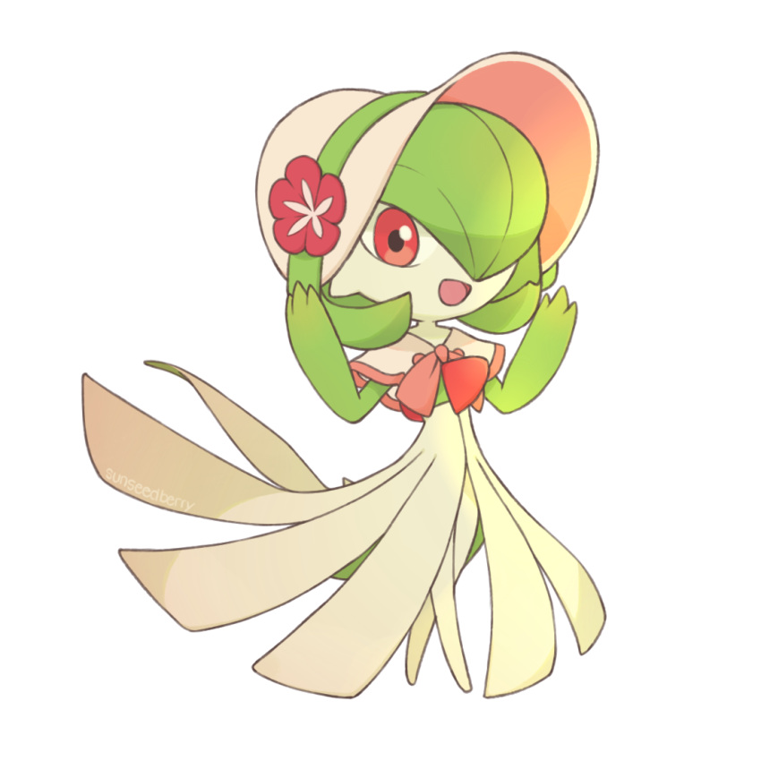 artist_name bob_cut colored_skin dress flower gardevoir gardevoir_(fashionable) green_hair hair_over_one_eye hat hat_flower multicolored_skin open_mouth pink_eyes pokemon pokemon_(creature) smile sunseedberry two-tone_skin white_dress white_headwear white_skin