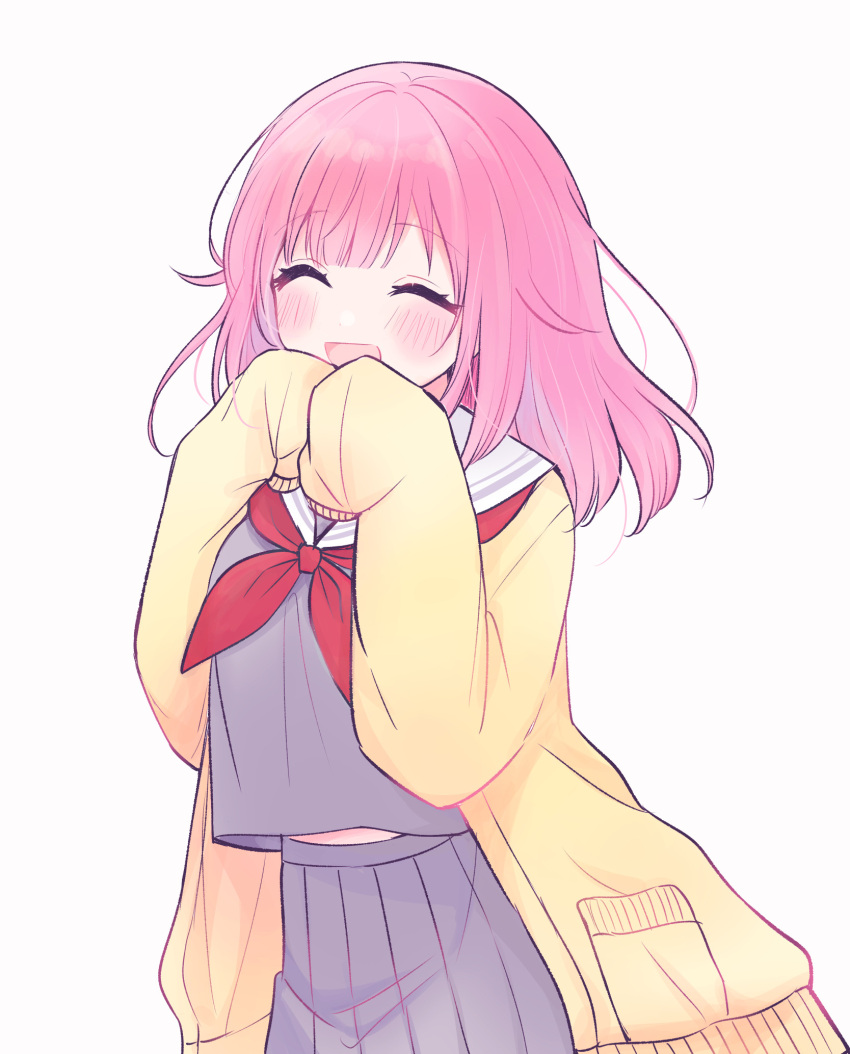 1girl blush closed_eyes grey_serafuku highres jacket long_hair long_sleeves midriff neckerchief ootori_emu open_mouth pink_hair pnyo_emc project_sekai red_neckerchief school_uniform serafuku short_hair solo white_hair yellow_jacket