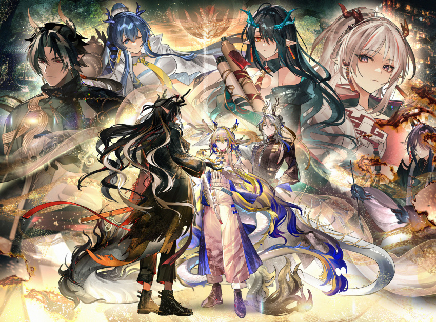 4boys 4girls ankle_boots aqua_hair aqua_horns arknights bare_shoulders beads belt black_coat black_footwear black_hair black_pants black_tail blonde_hair bloom blue_hair blue_horns boots brown_coat brown_footwear brown_horns character_request chinese_commentary chong_yue_(arknights) closed_mouth coat collared_dress colored_skin commentary_request dragon_boy dragon_girl dragon_horns dragon_tail dress dusk_(arknights) energy expressionless fire floating_hair gold green_eyes grey_hair hair_between_eyes hair_intakes hair_over_one_eye half-closed_eyes hands_up high_collar highres holding holding_scroll horns jacket jewelry light_particles ling_(arknights) long_hair long_sleeves looking_at_another looking_down looking_to_the_side magic multicolored_hair multiple_boys multiple_girls necklace necktie nian_(arknights) off_shoulder one_eye_closed one_eye_covered open_clothes open_coat open_jacket orange_eyes outstretched_hand pants parted_lips pienahenggou pointy_ears profile purple_eyes purple_hair purple_horns purple_tail pyrokinesis red_eyes red_hair scroll serious short_hair shu_(arknights) sidelocks sleeveless sleeveless_dress standing strapless streaked_hair tail torn_clothes torn_coat tube_top white_belt white_dress white_hair white_jacket white_pants white_tail white_tube_top yellow_horns yellow_necktie yellow_tail zhi_(arknights)