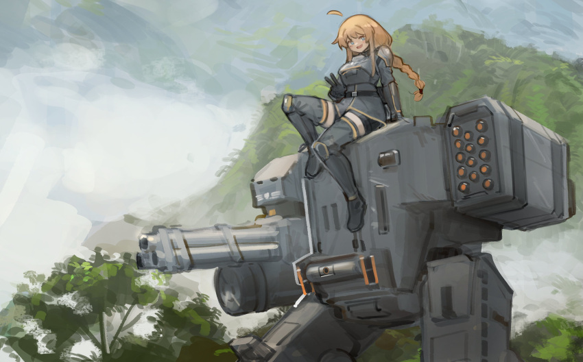 1girl absurdres ahoge belt bike_shorts blonde_hair blue_eyes boots braid breasts day dress english_commentary gatling_gun grey_dress helldivers_(series) highres indie_virtual_youtuber long_hair looking_at_viewer mecha medium_breasts minigun missile_pod open_mouth outdoors robot sitting sky smile solo thigh_boots tree v very_long_hair whiskey_project xerbatt