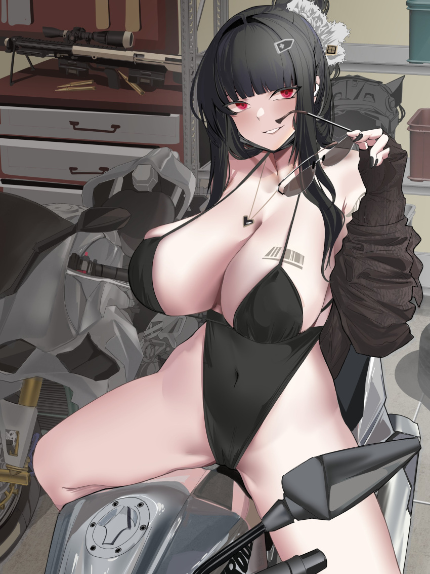 1girl absurdres bare_shoulders black_gloves black_hair black_nails black_one-piece_swimsuit blunt_bangs blush breasts bullet cleavage covered_navel d_(killer_wife)_(nikke) d_(nikke) fingerless_gloves gloves goddess_of_victory:_nikke grin gun hair_ornament hairclip highres jewelry large_breasts long_hair looking_at_viewer motor_vehicle motorcycle necklace one-piece_swimsuit phantasmaliagon red_eyes rifle sitting smile sniper_rifle solo spread_legs sunglasses swimsuit unworn_gloves weapon