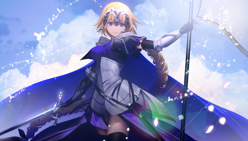 1girl armor battle_standard black_gloves black_thighhighs blonde_hair blue_cape cape chain closed_mouth cloud commentary_request cowboy_shot dress fate/grand_order fate_(series) flag glint gloves headpiece highres holding holding_flag holding_sword holding_weapon jeanne_d'arc_(fate) jeanne_d'arc_(ruler)_(fate) long_braid looking_at_viewer outdoors plackart purple_dress scabbard sheath sky smile solo standard_bearer sword thighhighs tsukimoto_aoi vambraces weapon