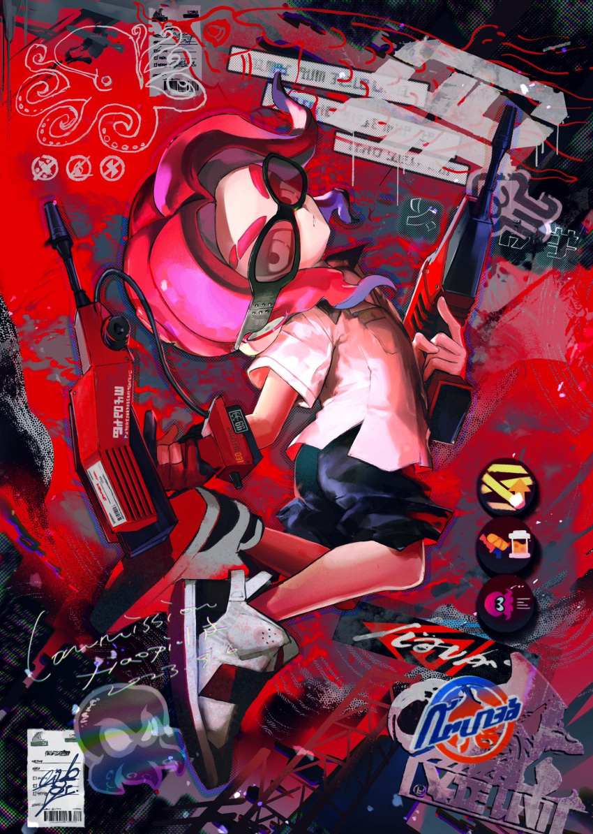 1boy artist_name black-framed_eyewear black_shorts blue_hair brown_shirt commentary commission dual_squelcher_(splatoon) dual_wielding eyebrow_cut full_body highres holding holding_weapon male_focus medium_hair multicolored_hair octoling octoling_boy octoling_player_character parted_lips red-tinted_eyewear red_hair shirt shorts solo splatoon_(series) splatoon_3 symbol-only_commentary teeth tentacle_hair thick_eyebrows tinted_eyewear two-tone_hair weapon white_eyes white_footwear xiaopi_(babaofnoreturn)