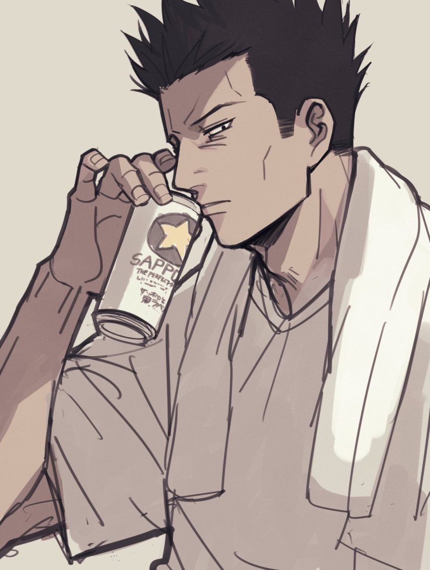 1boy 2_o_tori alcohol beer beer_can black_eyes black_hair can drink_can highres holding jujutsu_kaisen kusakabe_atsuya lips looking_at_viewer male_focus shirt short_hair short_sleeves solo spiked_hair t-shirt towel towel_around_neck upper_body white_shirt white_towel