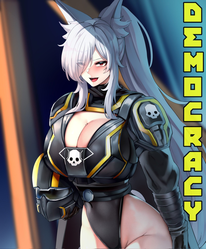 1girl animal_ear_fluff animal_ears armor black_gloves black_leotard blurry blurry_background breasts chest_armor covered_navel discordia_(vtuber) english_text eyes_visible_through_hair fox_ears fox_girl fox_tail gloves grey_hair hair_over_one_eye helldivers_(series) helmet highres holding holding_helmet indie_virtual_youtuber insignia large_breasts leotard long_hair mole mole_on_breast open_mouth ponytail red_eyes second-party_source shadow shoulder_armor solo tail unworn_headwear whitewaffle